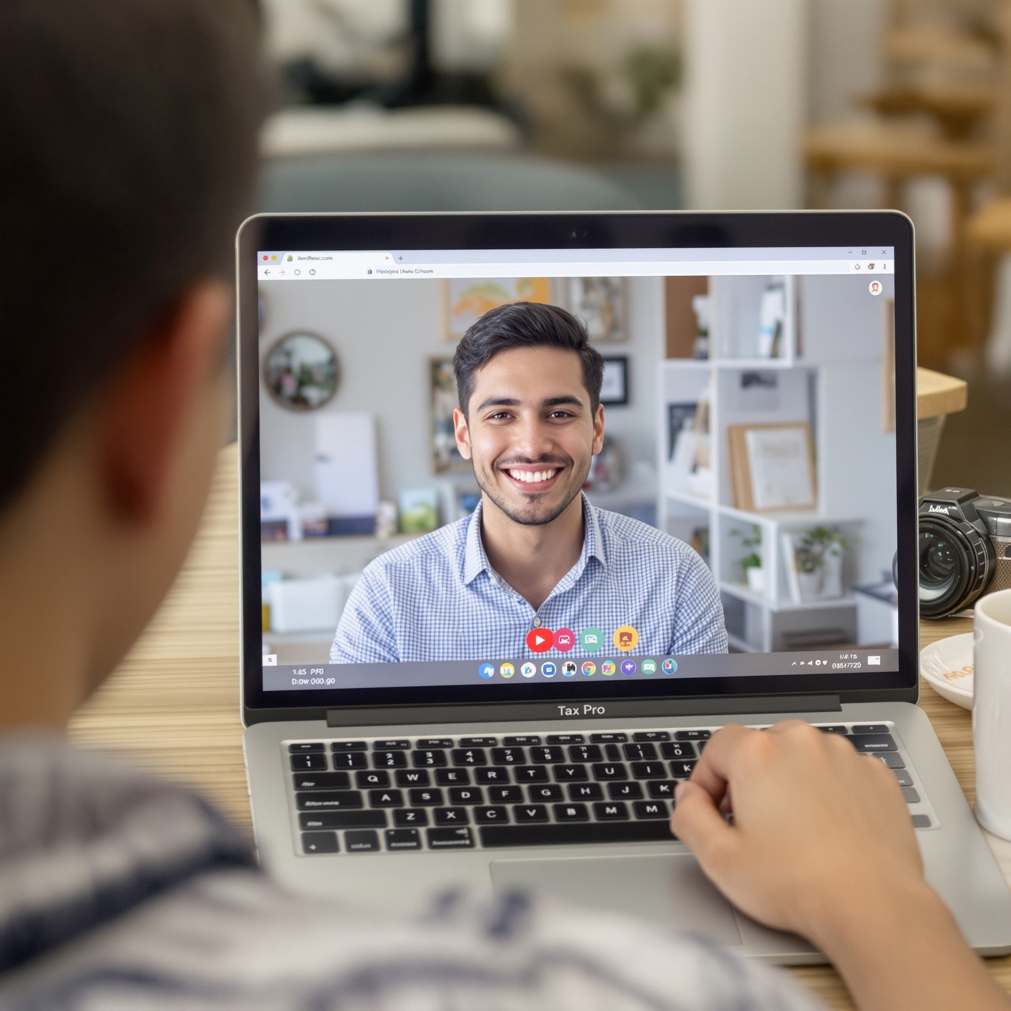 Person having a virtual tax consultation with a smiling professional on a laptop.