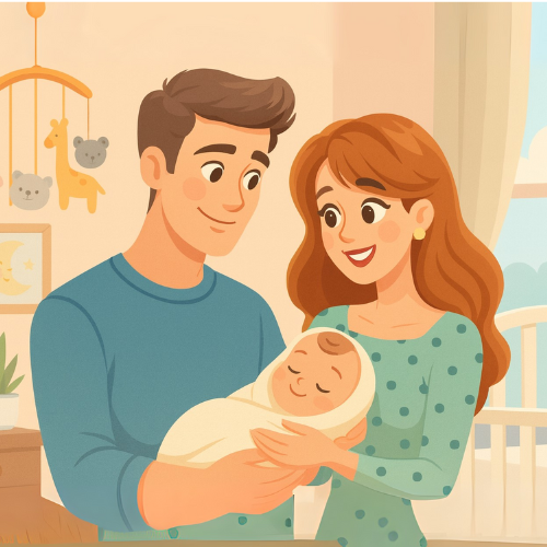 Smiling couple holding their newborn baby, symbolizing new parents learning about tax credits.