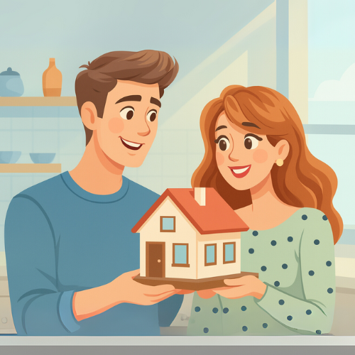 Smiling couple holding a model house, symbolizing new homeowners preparing for tax benefits.