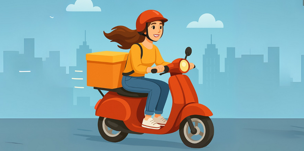 Woman riding a scooter with a delivery box, representing gig workers and side hustle income.