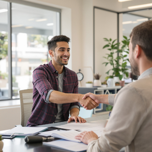 Young man smiling and shaking hands with a tax professional in an office.