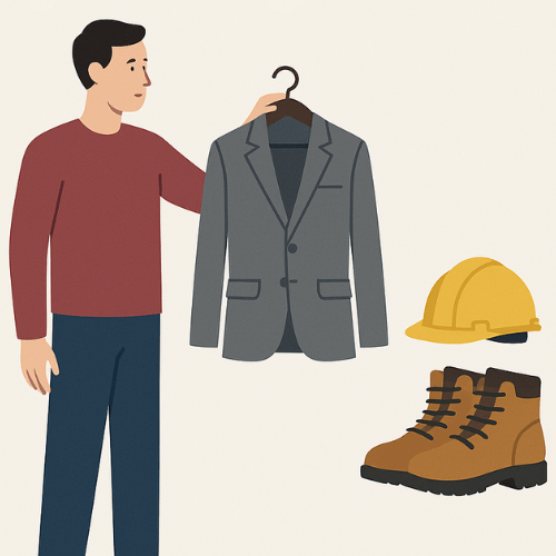 Are Work Clothes Tax Deductible Person holding up a business suit on a hanger next to protective work gear like a hard hat and boots, representing IRS rules for clothing deductions