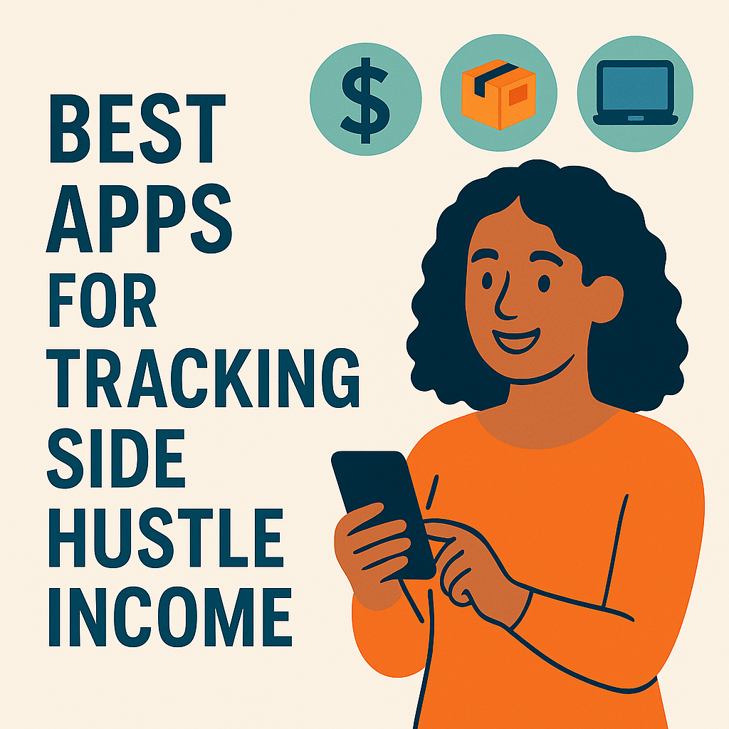 Illustration of a woman holding a phone with icons of a dollar sign, package, and laptop, next to the text “Best Apps for Tracking Side Hustle Income.”