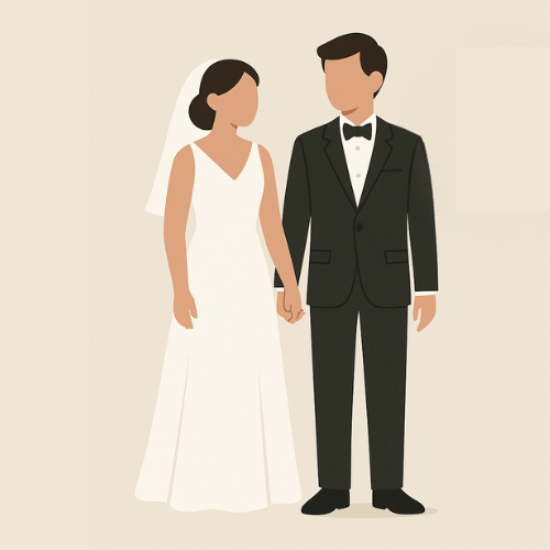 Bride and groom standing next to a crossed-out dollar sign, symbolizing that wedding expenses aren’t tax deductible.