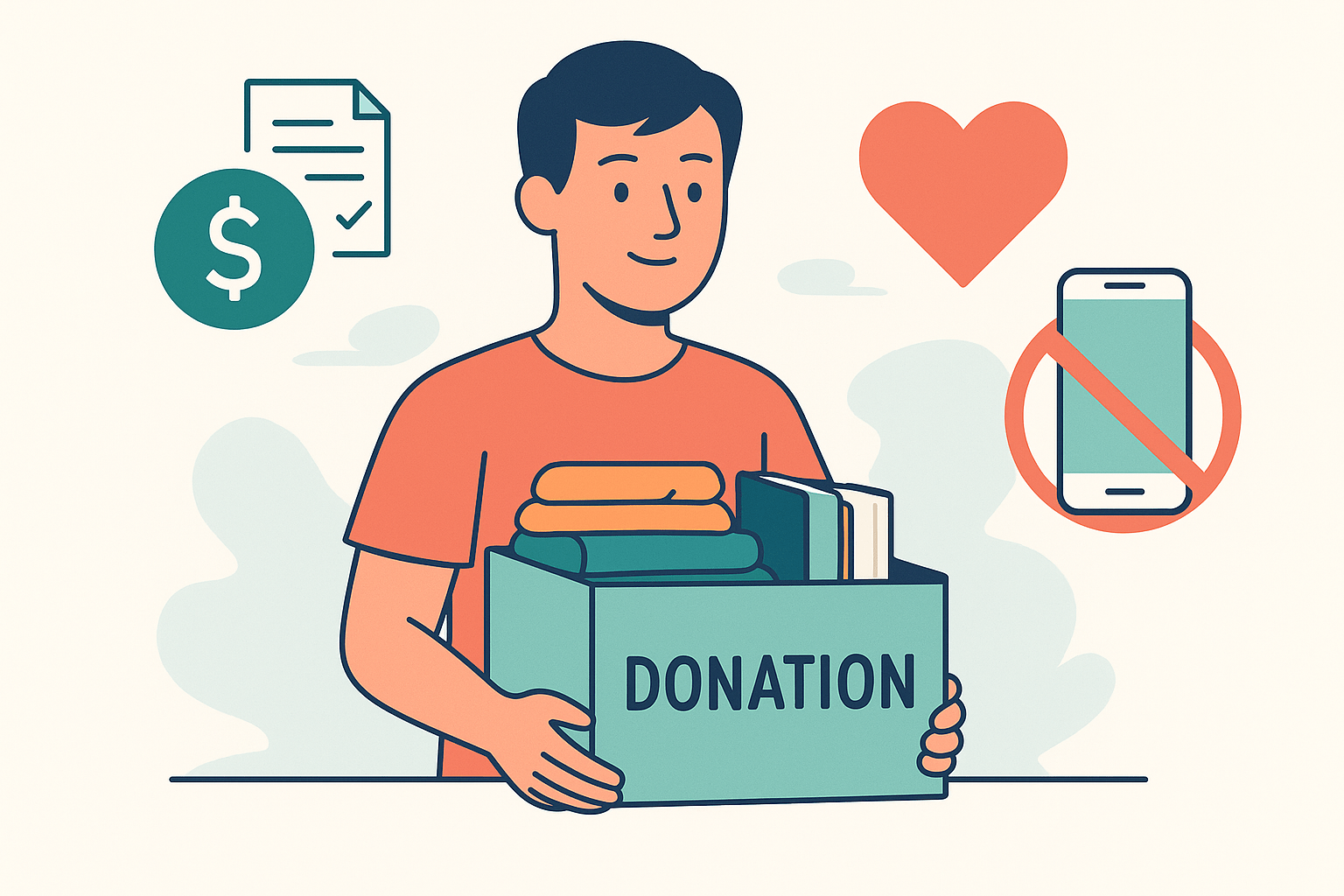 Illustration of a young adult with a donation box surrounded by icons of money, receipts, and a heart, with a crossed-out phone symbol for Venmo.