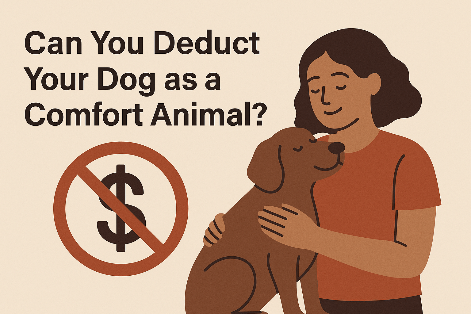 Woman hugging her dog with a no-dollar-sign symbol, asking if comfort animals are tax deductible.
