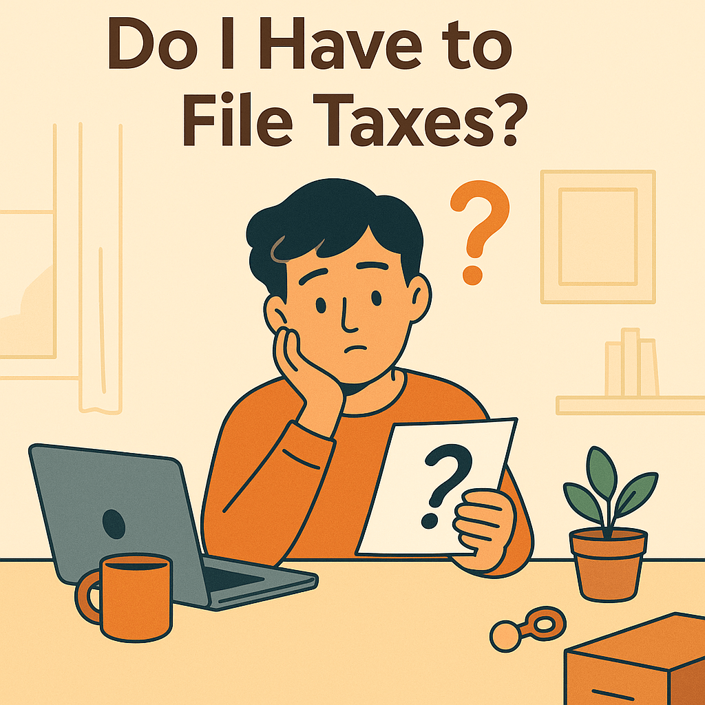 Illustration of a young adult at a desk with a laptop, coffee, and a document, looking uncertain with a question mark above them. Text reads: Do I Have to File Taxes?