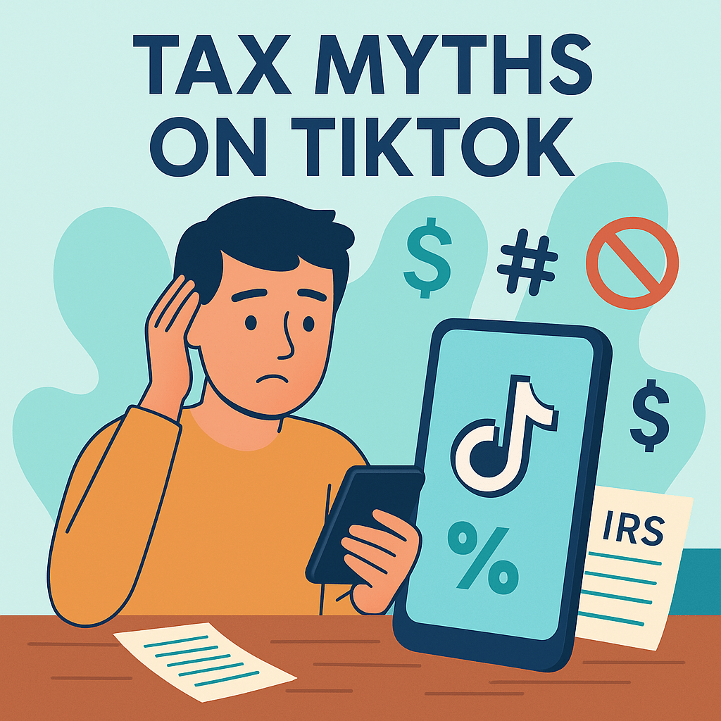 ChatGPT Image Sep 12, 2025, 02_14_47 PM Illustration of a young adult looking confused at TikTok tax hacks on a phone, surrounded by IRS forms, dollar signs, and warning icons.