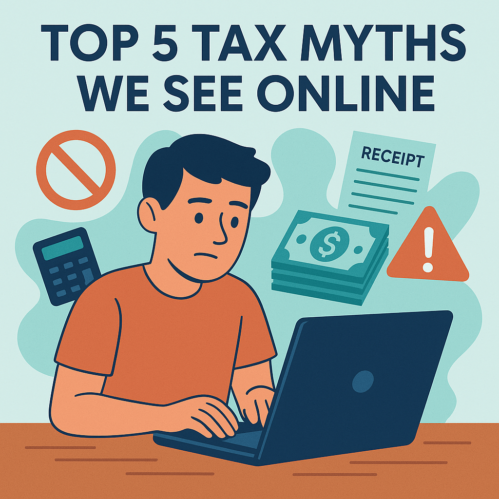 Illustration of a young adult at a laptop with tax-related icons (money, receipts, warning signs), representing common online tax myths.
