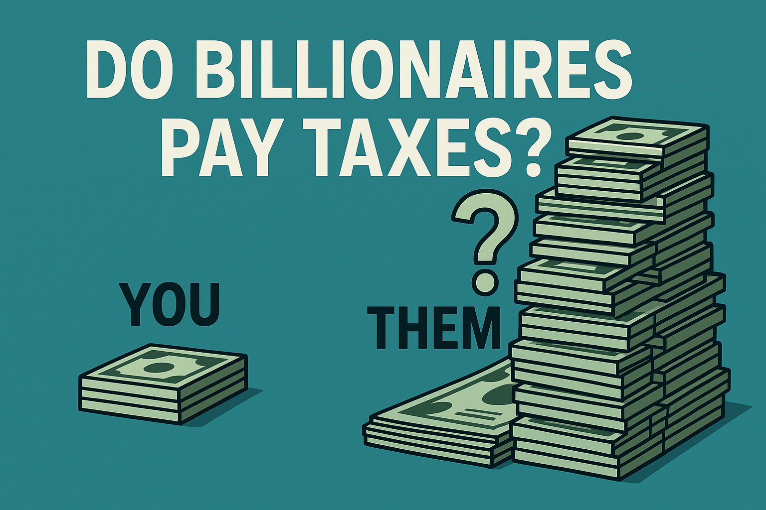 Flat illustration of money stacks labeled ‘You’ and ‘Them’ with the headline Do Billionaires Pay Taxes, highlighting wealth disparity.