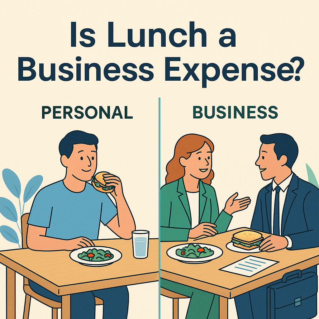 Split illustration showing personal lunch vs. business lunch to explain which meals are tax-deductible.