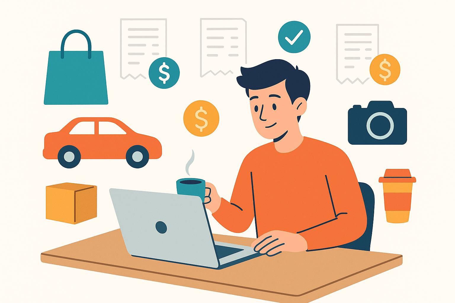 Young adult working on a laptop with side hustle icons like a car, package, camera, and receipts floating around, representing tax deductions.