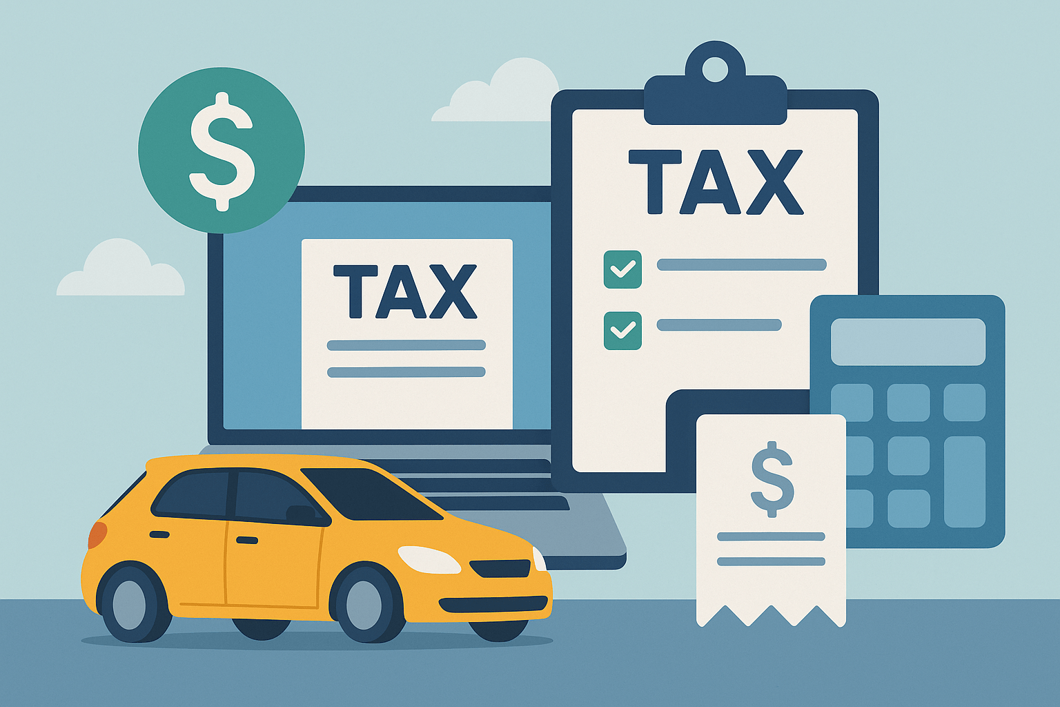 Flat illustration of a yellow car, tax documents, calculator, and laptop—representing business car deductions.