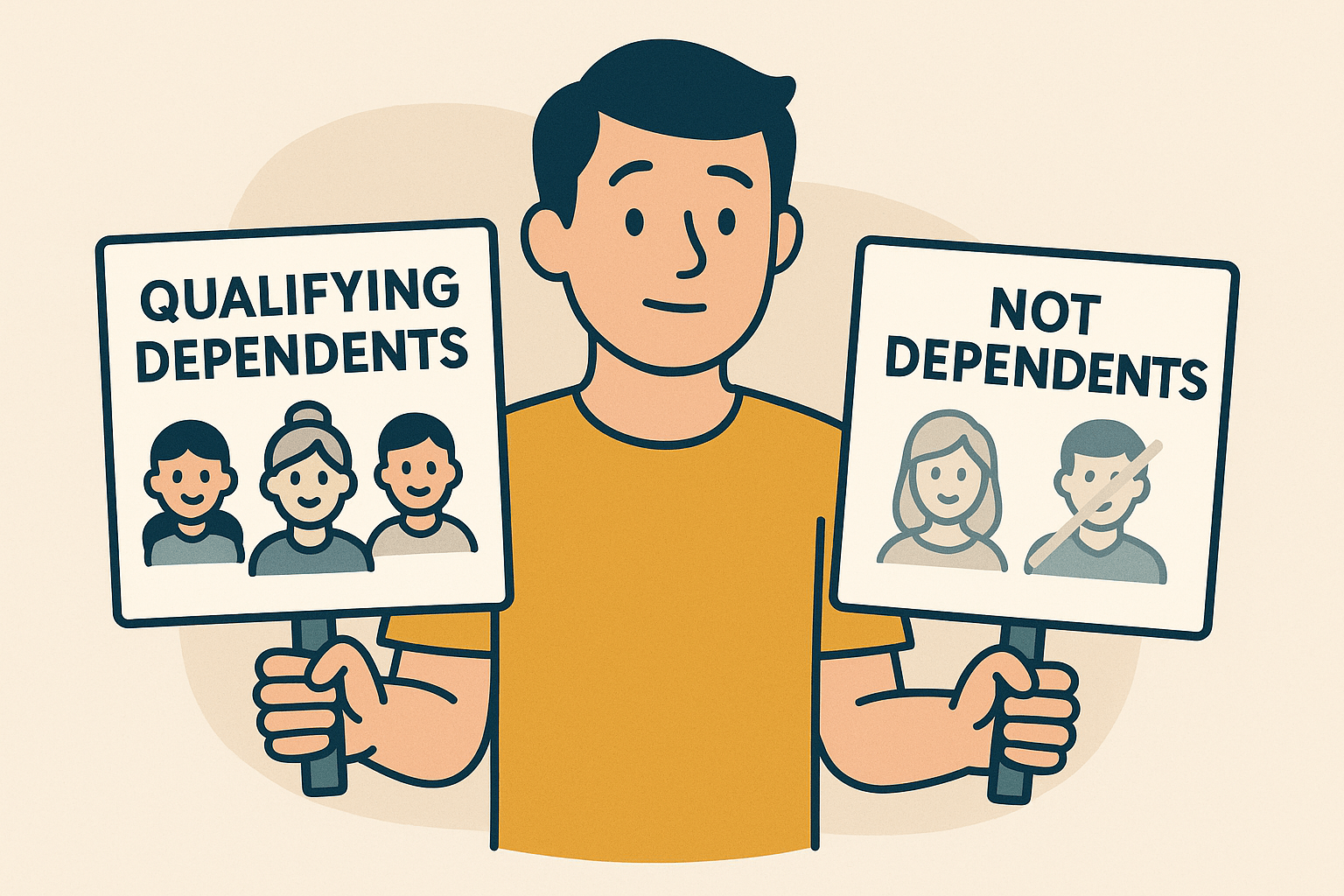 Flat illustration of a young adult holding two signs: one labeled “Qualifying Dependents” with icons of a child, parent, and sibling, and one labeled “Not Dependents” with icons of a spouse and a roommate.