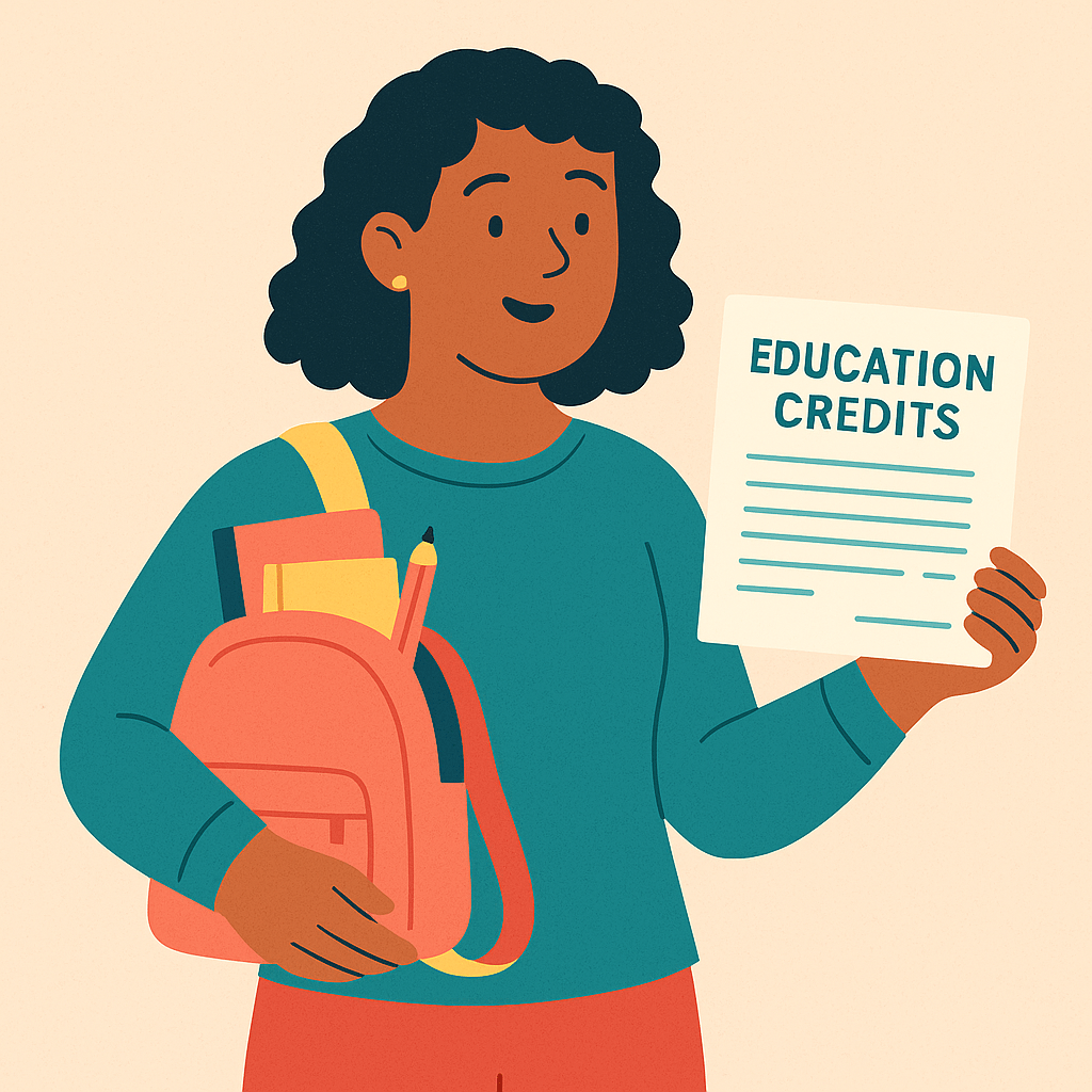 Flat illustration of a young woman holding a tax form labeled “Education Credits” in one hand and a coral backpack with school supplies in the other.