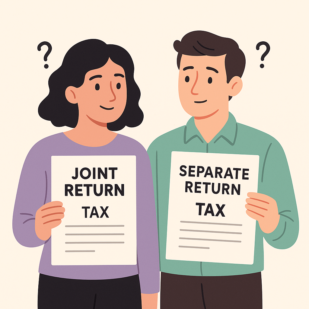 Flat illustration of a newlywed couple holding tax forms labeled “Joint Return” and “Separate Return,” looking uncertain with question marks above their heads.