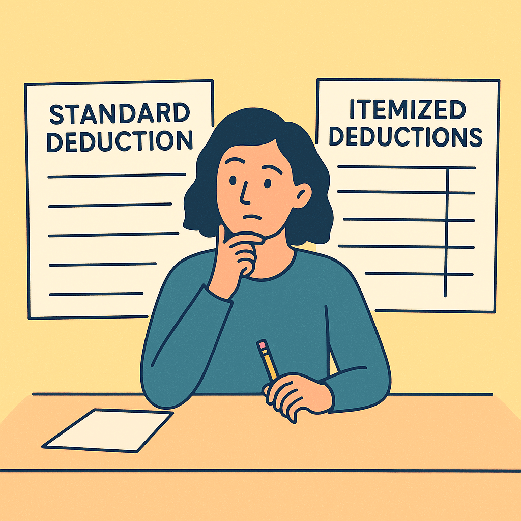 Flat illustration of a young adult at a desk, holding a pencil, thinking between two large forms labeled “Standard Deduction” and “Itemized Deductions.”