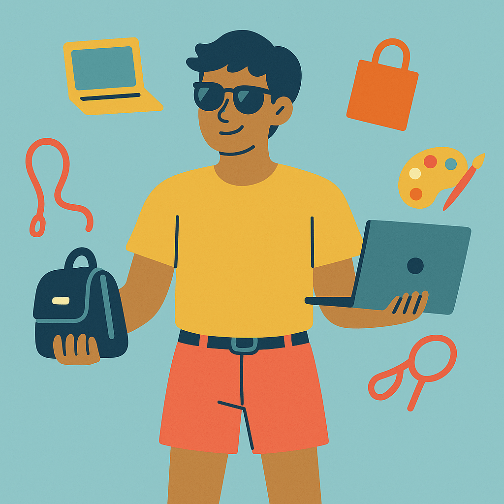Flat illustration of a young adult in sunglasses and summer clothes juggling items representing side gigs—a laptop, shopping bag, dog leash, and artist palette.