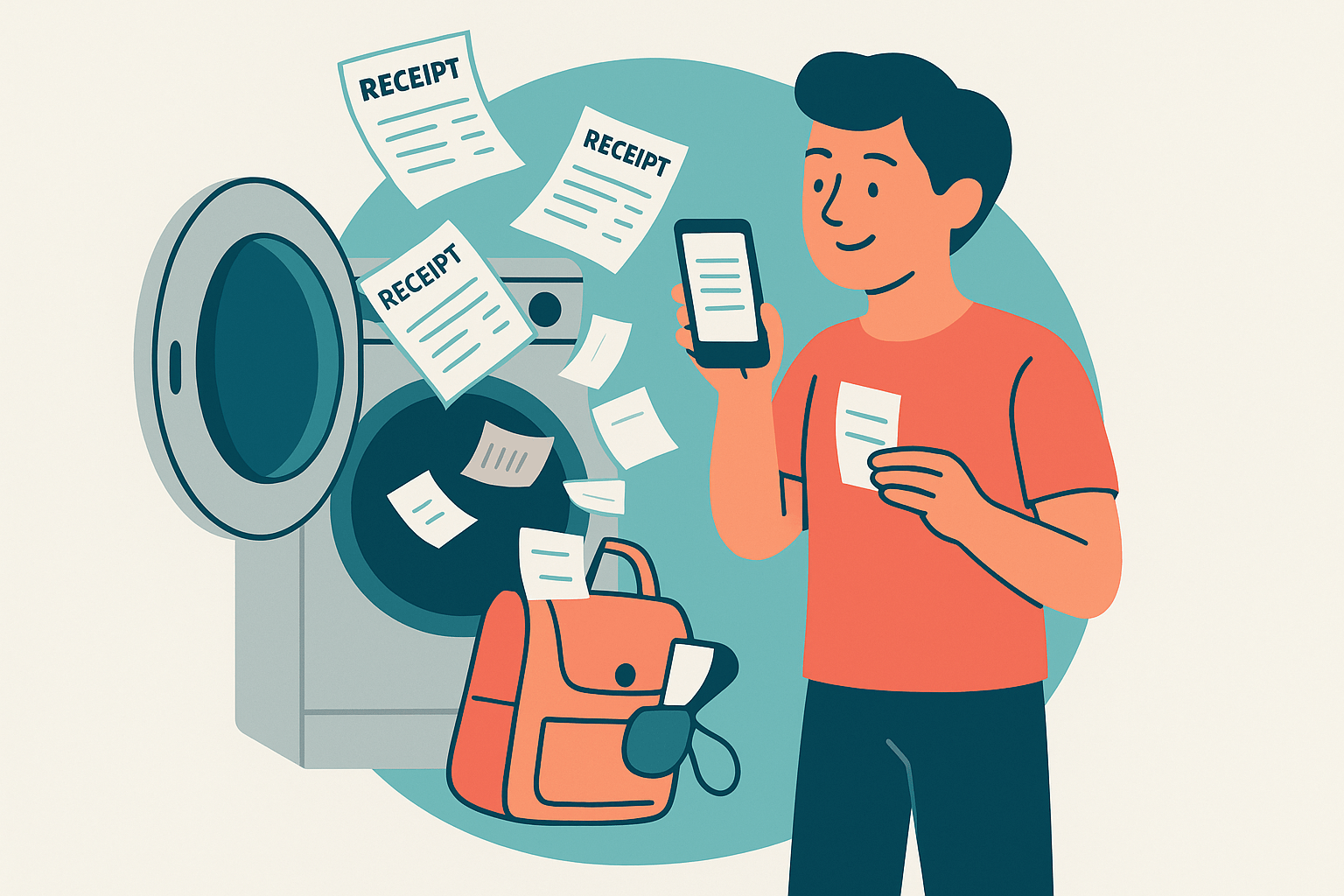 Flat illustration of a smiling young adult snapping a photo of a receipt with their phone as paper receipts fly out of an open dryer.