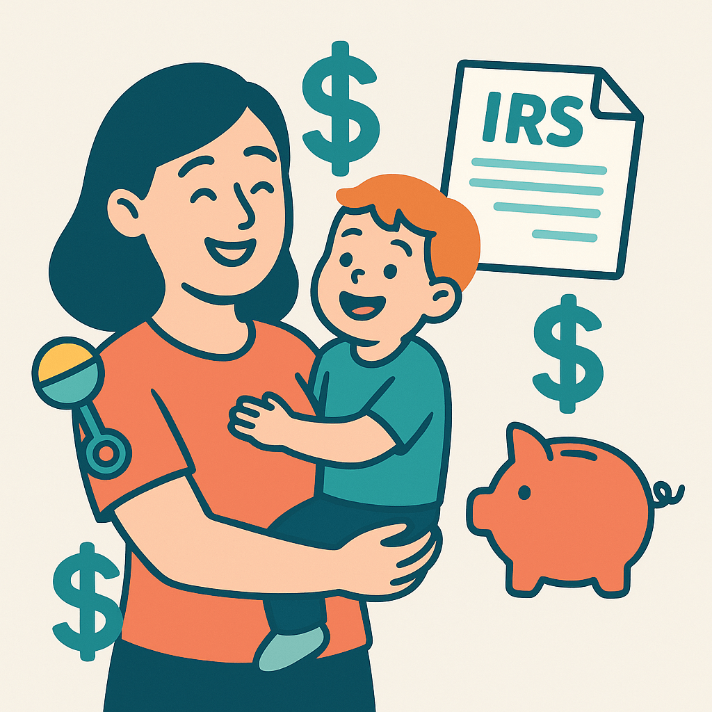 Illustration of a smiling parent holding a child, with icons of a piggy bank, dollar signs, and a tax form floating above.