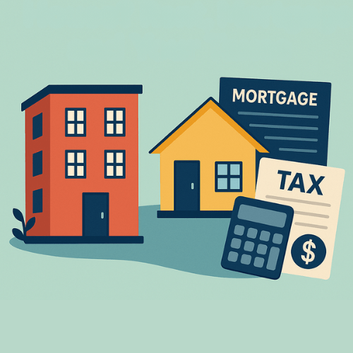 Illustration of an apartment building, a house with a mortgage document, and a tax form with a calculator, representing renting vs. owning and taxes.