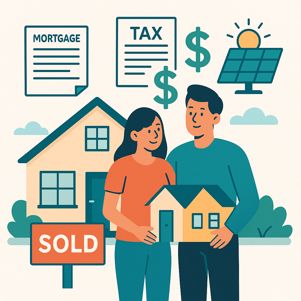 Illustration of a couple in front of a new home with icons of mortgage documents, property taxes, and solar panels floating above.