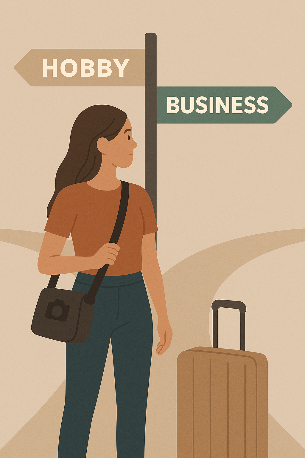Flat illustration of a female content creator standing at a crossroads sign labeled Hobby on one side and Business on the other, representing IRS rules on deductions