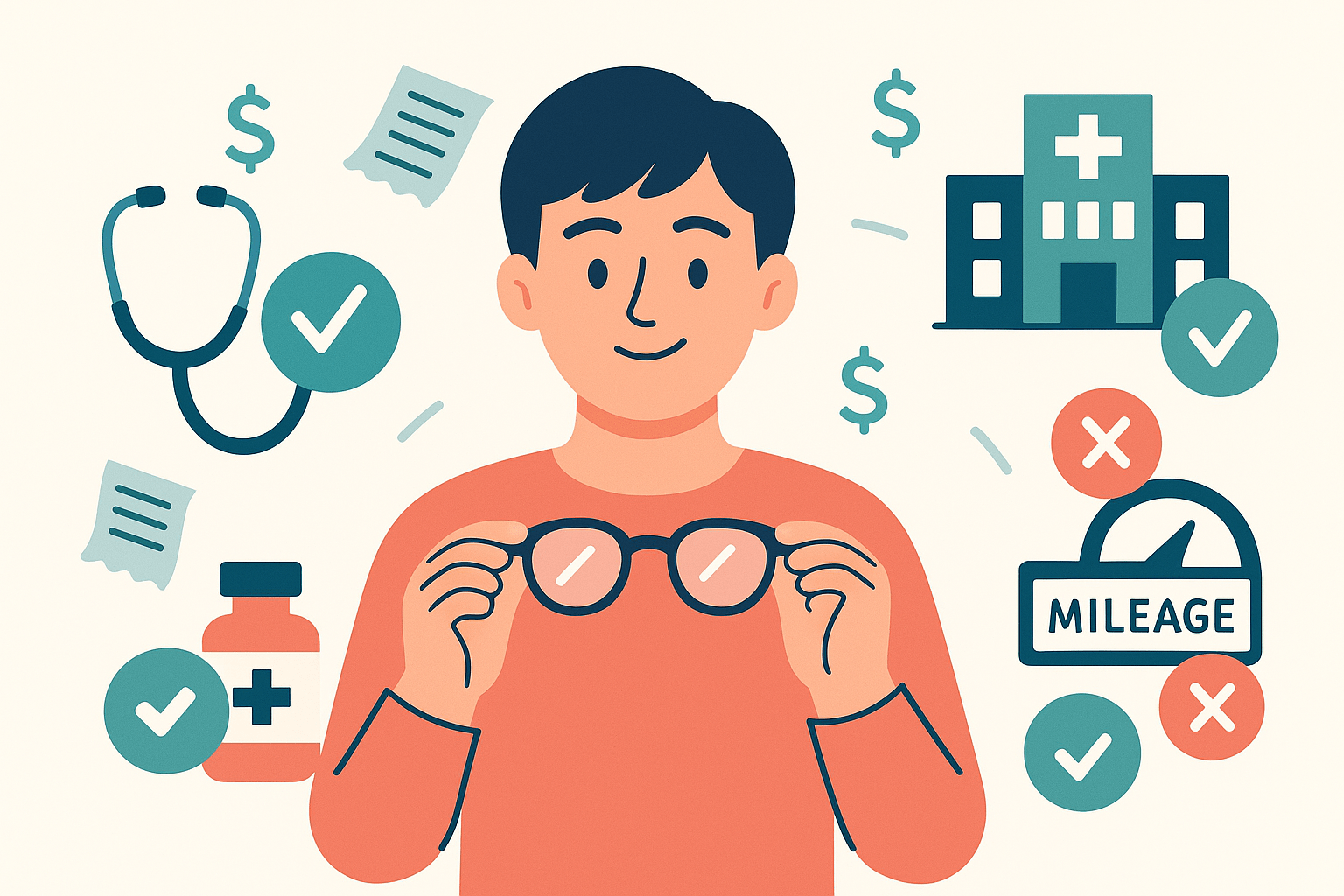 Illustration of a young adult with glasses, surrounded by icons for doctor visits, prescriptions, and hospital bills, highlighting medical tax deductions.