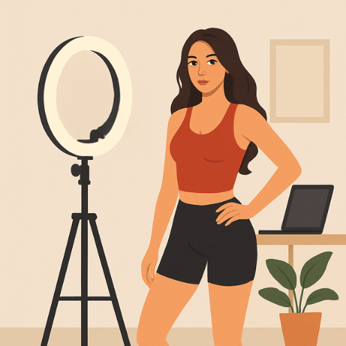 Female content creator posing confidently in a home studio setup with a ring light, camera, and laptop, representing possible OnlyFans tax deductions.”