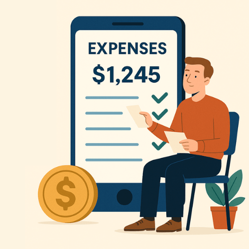 Flat illustration of a person snapping a picture of a receipt with their smartphone, representing easy digital expense tracking.