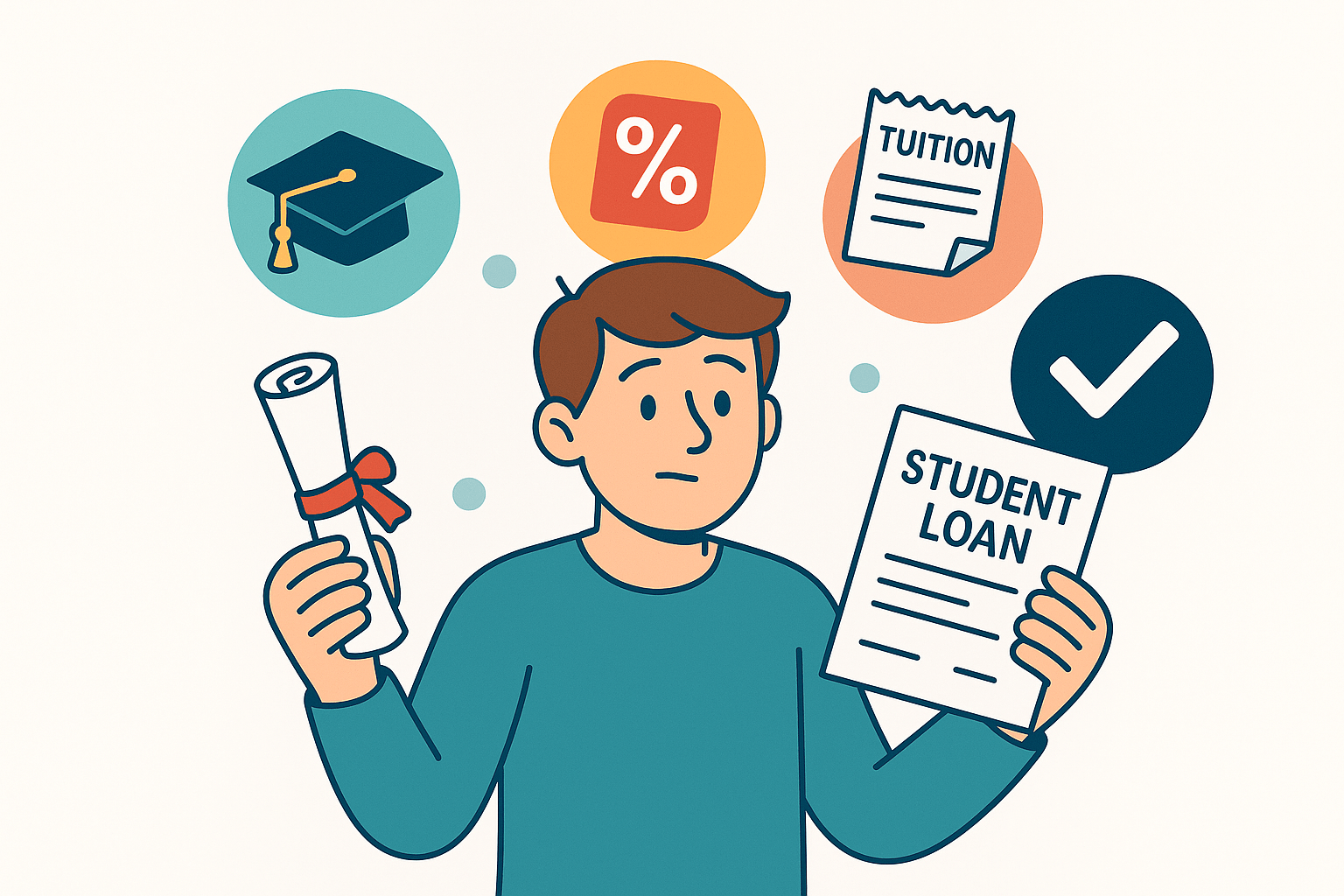 Illustration of a young adult holding a diploma and loan paperwork with icons for tuition, graduation cap, and tax credits floating above.