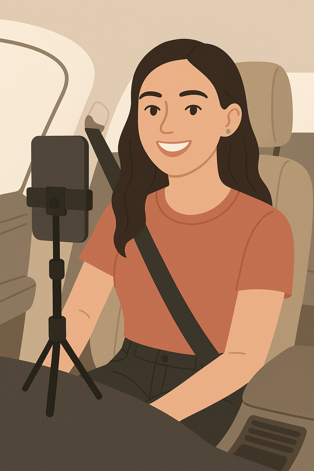 Flat-style illustration of a young woman recording TikTok content from the front seat of her car, capturing the popular POV trend.