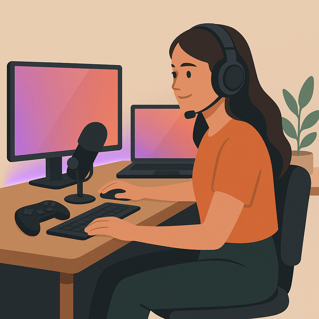 Flat illustration of a gaming streamer at a desk with dual monitors, headset, and microphone, representing Twitch tax deductions.