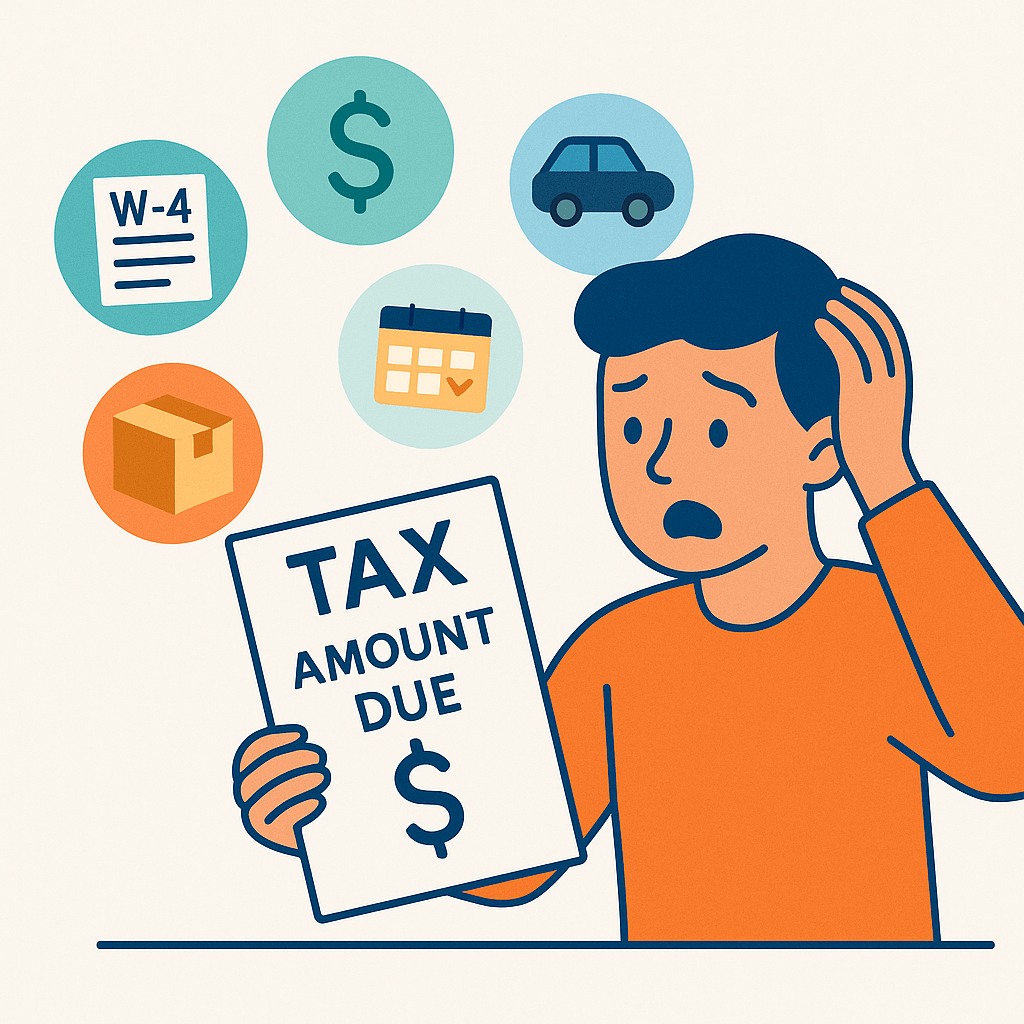 Illustration of a young adult surprised at a tax form showing “Amount Due,” with icons for W-4, side hustle income, and tax deadlines.