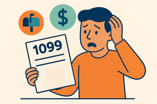 Illustration of a worried man holding a 1099 tax form surrounded by tax-related icons.