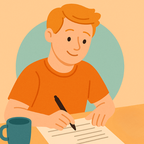 Illustration of a young adult filling out a W-4 form with a pen, showing how to adjust tax withholding.