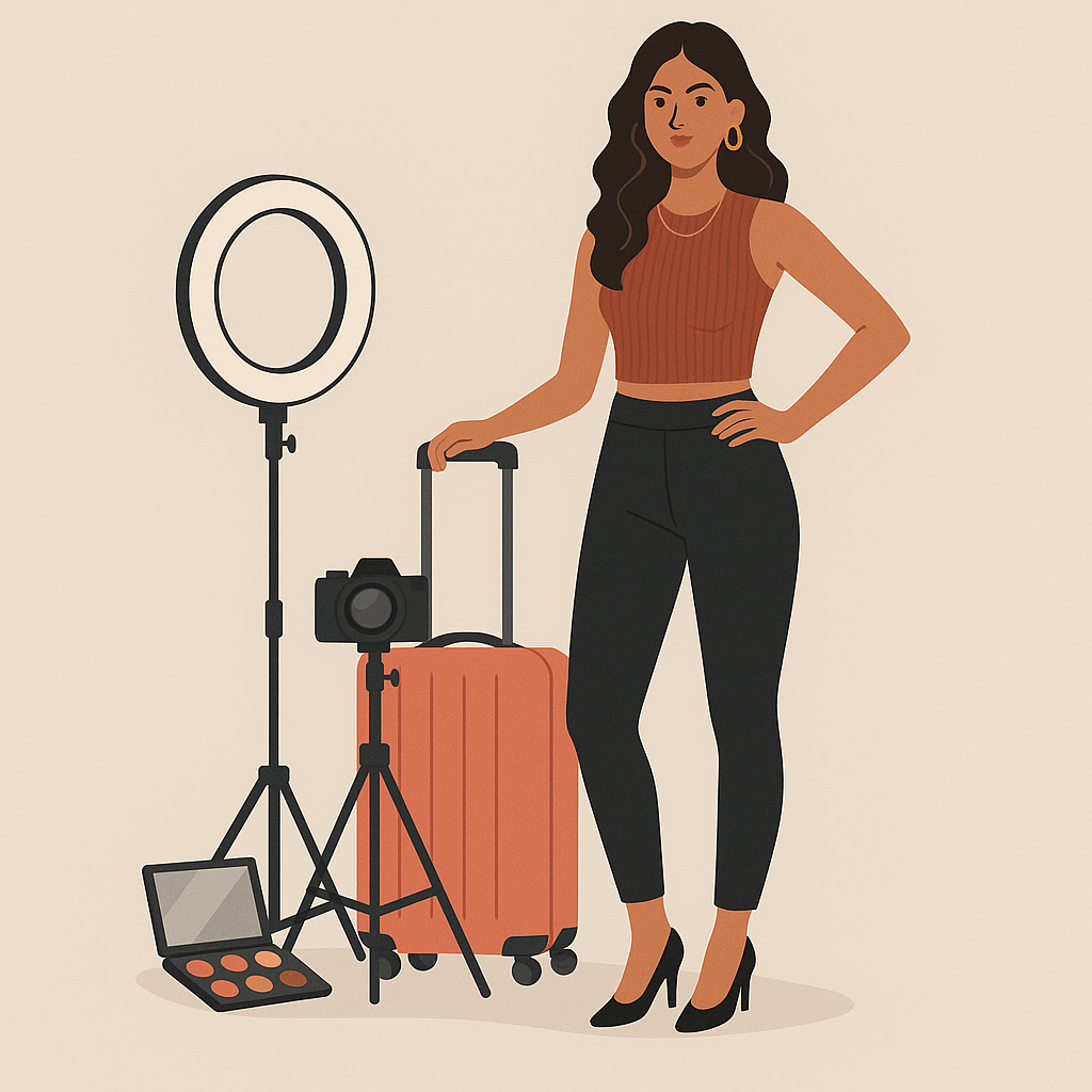 Flat illustration of a stylish female influencer posing with a suitcase, makeup palette, and camera gear, representing influencer tax deductions.
