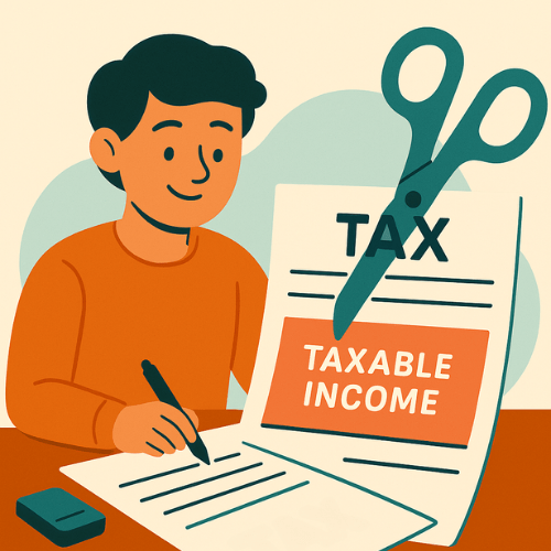 Illustration of a young adult filling out taxes while scissors cut taxable income, symbolizing the standard deduction.