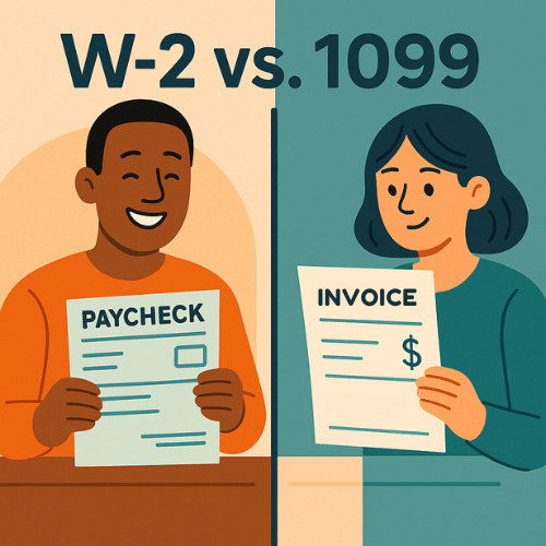 Illustration comparing W-2 employee paycheck with 1099 contractor invoice, highlighting tax differences.